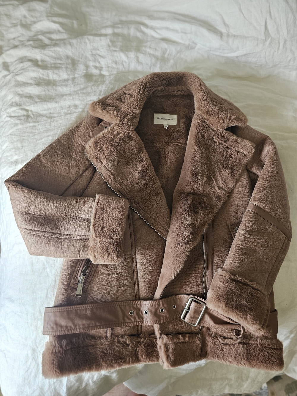 BCBGeneration Faux Shearling Aviator Jacket - Brown XS